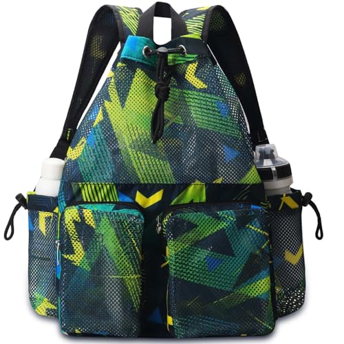 RHCPFOVR Mesh Swim Bags for Swimmers - Drawstring Backpack for Women Men Swim Team Gear Beach Gym Bag Sports - color: Green Geometric Patterns, style: Green Geometric Patterns
