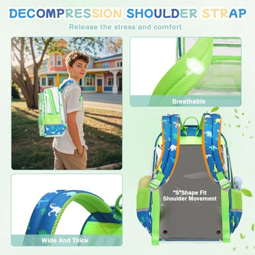 Sisipoet Clear Backpack for School, Heavy Duty PVC Transparent Bookbag, Funny Kids Backpacks with Dinosaurs Print, Green - color: Green/Dinosaurs