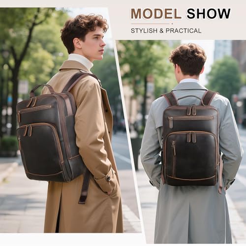 TIDING Full Grain Leather Laptop Backpack for Men, Vintage 15.6 Inch Computer Work Bag College Business Casual Daypack