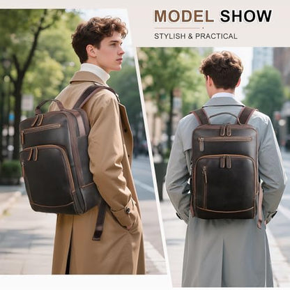 TIDING Full Grain Leather Laptop Backpack for Men, Vintage 15.6 Inch Computer Work Bag College Business Casual Daypack