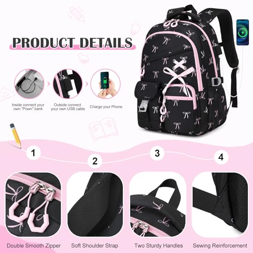DIGOBAY Backpacks for Girls - 3PCS Girls Backpack with Lunch Box & Pencil Pouch School Backpacks for Elementary Middle High College School Bookbag for Teen Girl Kids Students Black-bow - color: Black-bow