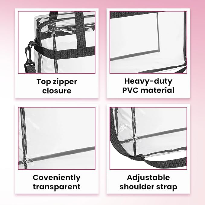 Handy Laundry Clear Bag 12x6x12 Stadium Approved - Transparent Tote Zippered Top & Shoulder Straps for Work, Sports, Concerts - color: Black-2 Packs