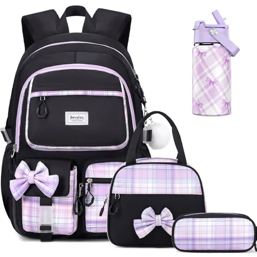 Bevalsa Backpack for Girls, Bow Bookpack with 14oz Insulated Water Bottle, Lunch Bag & Pen Case, Schoolbag for Kids & BPA-FREE Stainless Steel Metal Cup for Elementary Middle Student (Black Purple) - color: Black Purple