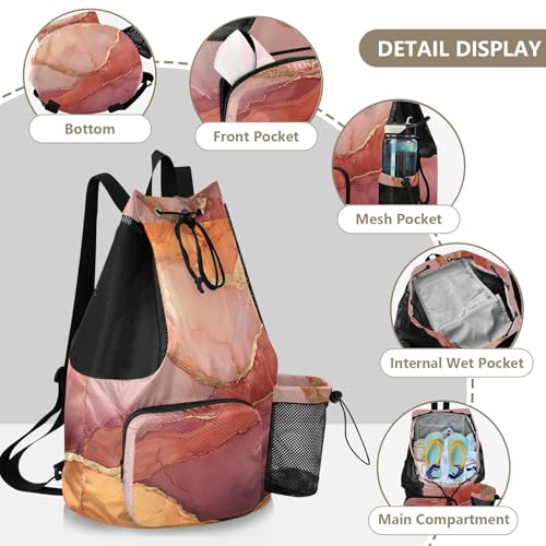 Drawstring Gym Bags For Men Women Sports Bag With Pockets String Back Pack Dry Wet Separation Marble Peach Burgundy - color: Color 22