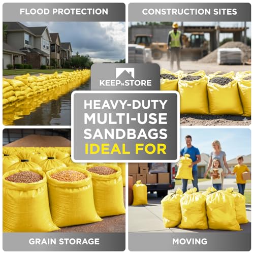 Heavy Duty Sand Bags Pack of 6, Bright Yellow Empty Sandbags with Built-In Ties, Woven Polypropylene UV Protection 1600 Hours, Fillable Bags for Flood Control, Weight, 10x14 inches, 15 Pounds Volume - size: 10"W x 14"L, style: Pack of 6