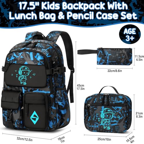 Fimibuke Backpack for School Boys, 3 PCS Cool Luminous Kids Backpacks with Lunch Box & Pencil Pouch, Toddler Teen Glow in The Dark Backpack Bookbag Schoolbag Set for Elementary to High School Students - color: Music