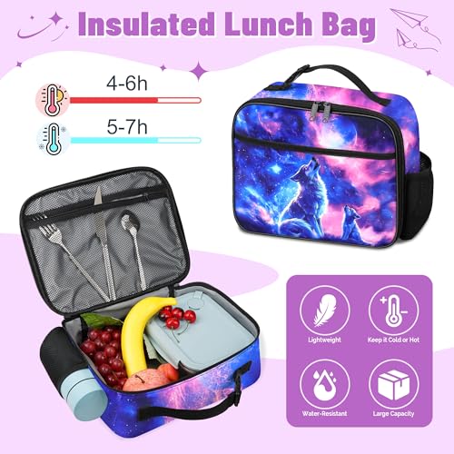 Wolf Backpack for Girls, Girls Backpacks with Lunch Box and Pencil Case for School, Kids Wolf Bookbag - color: Wolf