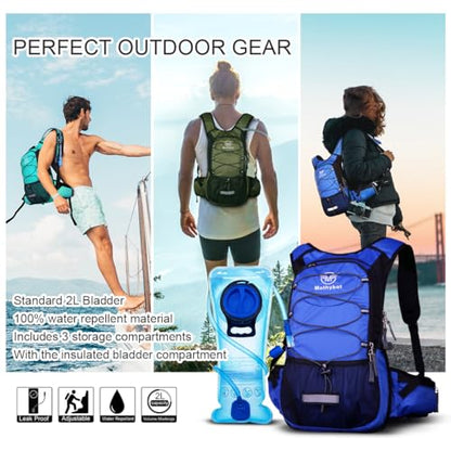Mothybot Hydration Pack, Insulated Hydration Backpack with 2L BPA Free Water Bladder and Storage, Hiking Backpack for Men, Women, Kids for Running, Cycling, Camping - Keep Liquid Cool up to 5 Hours - color: Matte Emerald