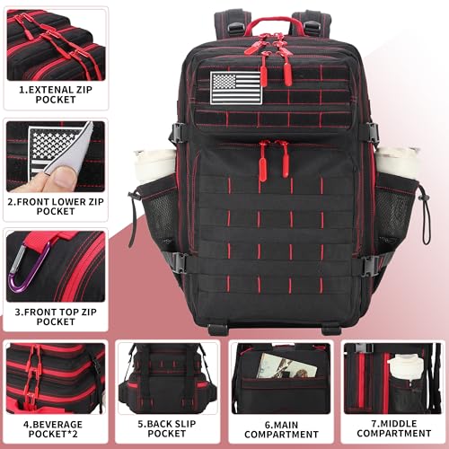 45L Military Tactical Backpacks 3 Days Assault Pack Bag Fitness Rucksack Bug Out Bag Hiking Treeking - color: Black&red