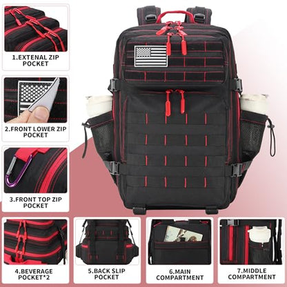 45L Military Tactical Backpacks 3 Days Assault Pack Bag Fitness Rucksack Bug Out Bag Hiking Treeking - color: Black&red