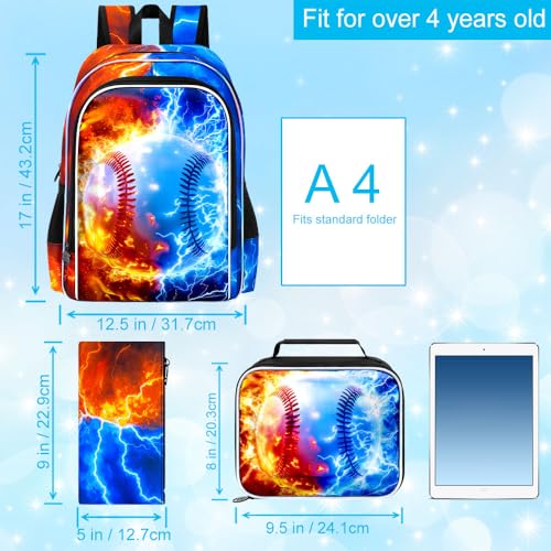 AGSDON 3PCS Baseball Backpack for Boys, 17" Kids Bookbag with Lunch Box for Boy, Flame Thunder Backpacks Water Resistant and Lightweight for Teen - color: Baseball