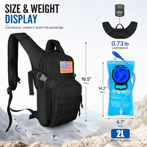 Tactical Hydration Backpack 2L Water Bladder - Lightweight Durable Pack for Hiking, Running, Outdoor Adventures, Adjustable Straps & Leak-Proof Design - color: Black