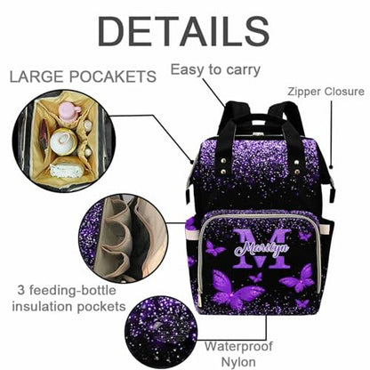 MyPupSocks Custom Diaper Bag with Butterfly Personalized Name Multifunctional Mommy Backpack for Daughter Granddaughter, Daypack Bag for Travel - color: Style 5