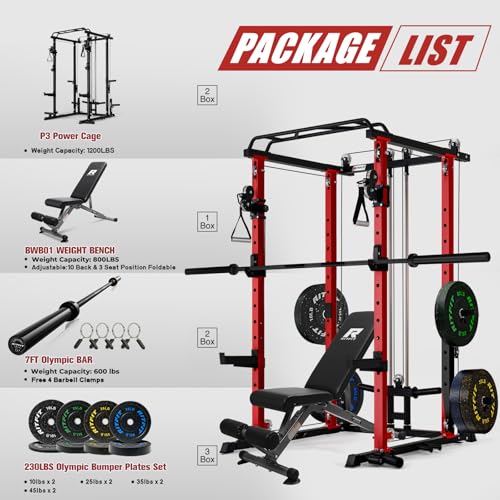 RitFit Multi-Function Garage & Home Gym Package Includes 1200LBS Power Cage PPC03/P3 with Cable Crossover System, Weight Bench, Olympic Barbell Weight Set, Full Body Workout - color: Red, style: Package 1.5K (with FBP 230lbs Plates)
