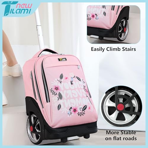NEW TILAMI Rolling Backpack 19 inch with Lunch Bag Teens Cute Wheeled Computer Laptop Backpack Bookbag Roller Travel Bag College, Flower Pink - color: Flower Pink