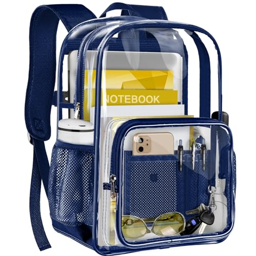 Clear Backpack, Heavy Duty Transparent Backpack with Reinforced Bottom See Through Bag for College, Travel, Workplace Security - Navy - color: Navy