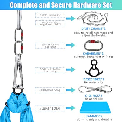 Aerial Silks Kit & Aerial Yoga Hammock - 11Yd Premium Fabric with Hardware - Easy Setup for Flying Yoga, Aerial Swing & Fitness - Supports Up to 14ft Rigging - color: Light Blue