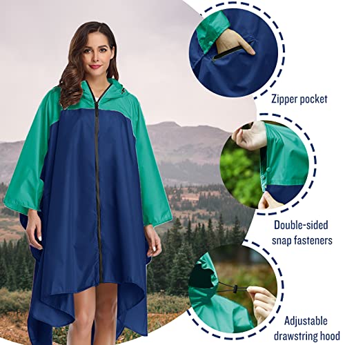 SaphiRose Unisex Rain Poncho Waterproof Raincoat Hooded for Adults Women with Pockets - color: A-green-navy