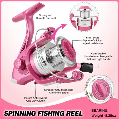 Fishing Rod and Reel Combos, Fishing Gear Gifts for Women with Spinning Reel, Lures, Line, Pink Ladies Telescopic Pole Kit Designed for Girls Adults by PLUSINNO - size: 5.91 ft - Complete Kit