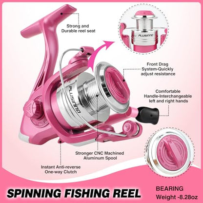 Fishing Rod and Reel Combos, Fishing Gear Gifts for Women with Spinning Reel, Lures, Line, Pink Ladies Telescopic Pole Kit Designed for Girls Adults by PLUSINNO - size: 6.86 ft - Complete Kit