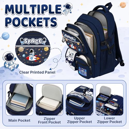 Space Backpack for Boys, 4 PCS Boys Backpack with Lunch Box Set, Spaceman Large Laptop Bookbag, School Bag for Elementary Kids & Teens - color: Space