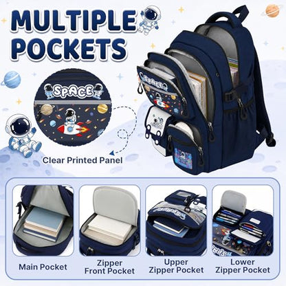 Space Backpack for Boys, 4 PCS Boys Backpack with Lunch Box Set, Spaceman Large Laptop Bookbag, School Bag for Elementary Kids & Teens - color: Space