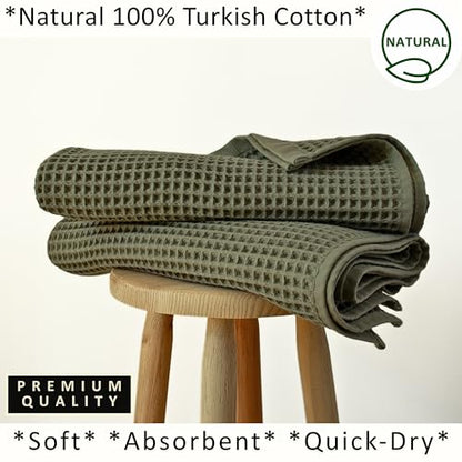 PÜSKÜL Natural 100% Turkish Cotton Waffle Bath Towels Set of 2-Piece | 32x63 inch Extra Large Absorbent Quick-Dry Lightweight Spa Towel | Honeycomb Weave Towel (Khaki Green Bath Towels - Pack of 2) - color: Khaki Green