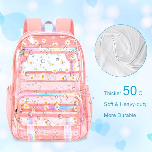 KLFVB Clear Backpack Heavy Duty, 3PCS Girls See Through School Bag Set, Cute Transparent Bookbag for Women - Chrysanthemum Pink - color: Chrysanthemum Pink Clear Backpack