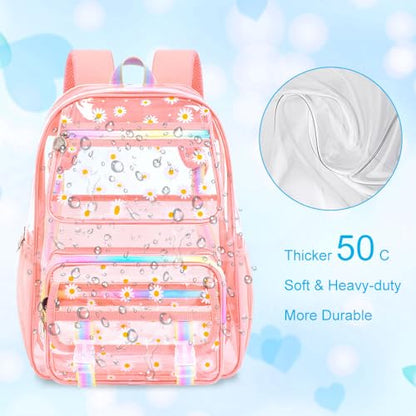 KLFVB Clear Backpack Heavy Duty, 3PCS Girls See Through School Bag Set, Cute Transparent Bookbag for Women - Chrysanthemum Pink - color: Chrysanthemum Pink Clear Backpack