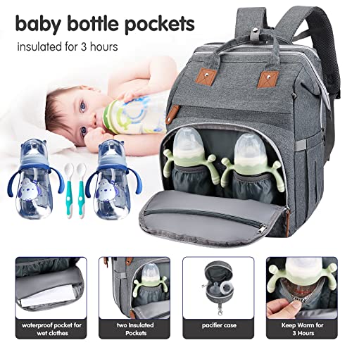 DERJUNSTAR Baby Diaper Bag Backpack with Changing Station Large Capacity Baby Bag for Boys & Girls, USB Charging Port, Pacifier Case, Sunshade & Toy Bar, Waterproof - color: Pale Grey