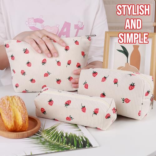 3 Pcs Makeup Bag Cosmetic Bag Set for Girls Women Travel Organizer Bathroom Toiletry Pouch Large Capacity Storage Bag (Strawberry Beige) - color: Strawberry Beige