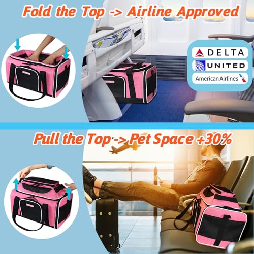 Petskd Top-Expandable Pet Carrier 18x11x11 Inches Delta American United Airline Approved, Soft-Sided Carrier for Small Cats and Dogs with Locking Safety Zippers and Anti-Scratch Mesh(Pink) - color: Pink, size: 18.0"L x 11.0"W x 11.0"H