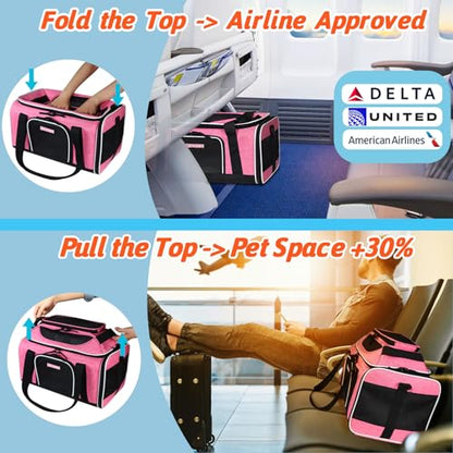 Petskd Top-Expandable Pet Carrier 18x11x11 Inches Delta American United Airline Approved, Soft-Sided Carrier for Small Cats and Dogs with Locking Safety Zippers and Anti-Scratch Mesh(Pink) - color: Pink, size: 18.0"L x 11.0"W x 11.0"H