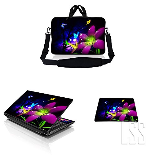 LSS 17-17.3" Laptop Sleeve Bag with Matching Laptop Skin Sticker & Mouse Pad Combo | Carrying Case for 16" 17" 17.3" 17.4" - Purple Blue Floral - color: Purple Blue Floral, size: 17 inch