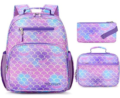 mibasies Girls Backpack with Lunch Box: 3PCS Kids Backpack Set for Kindergarten Elementary - 15 IN Cute Bookbag - Mermaid Tail - color: Mermaid Tail