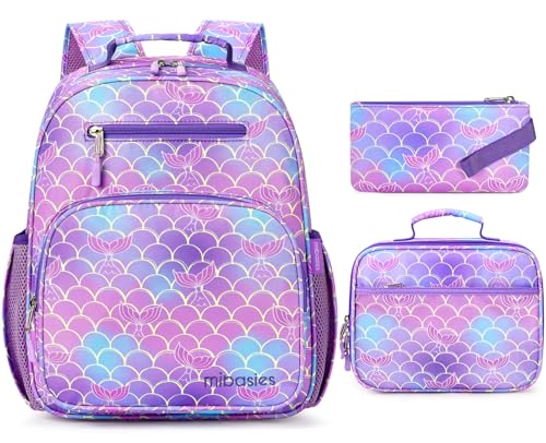 mibasies Girls Backpack with Lunch Box: 3PCS Kids Backpack Set for Kindergarten Elementary - 15 IN Cute Bookbag - Mermaid Tail - color: Mermaid Tail