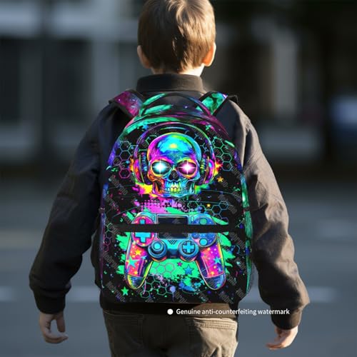 Backpack For Kids Gaming School Backpack For Boys Graffiti Video Game Bookbag For Kids Children Teens Elementary Middle School Ages 6-18 Back Pack - color: Game Skull