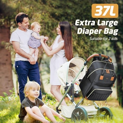 Diaper Bag Backpack - Extra Large Diaper Backpack for 2 Kids Twin, Travel Baby Bags for Mom Dad 25-37L Expandable with Changing Pad, Quilted Pure Black - color: Quilted_pure Black