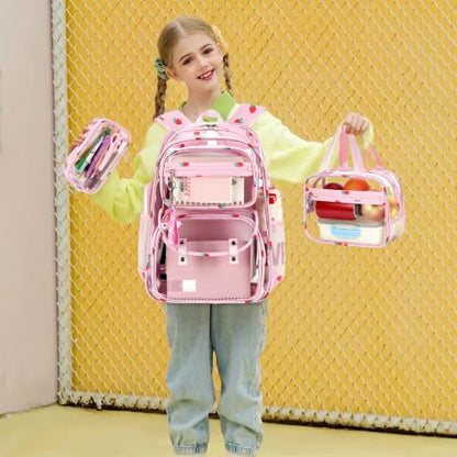 ACESAK Clear Backpack for Girls - 3 Pcs Clear Backpack Heavy Duty with Lunch Bag - See Through Bookbag Stadium Approved for Kids Middle High College School(Pink Strawberry) - color: Pink Strawberry