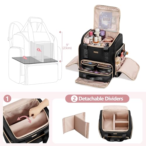 Large Makeup Backpack with 3 Clear Makeup Bags, Double Layers Professional Makeup Travel Case with Brushes Storage Section for Makeup Artists - color: Black