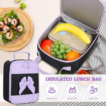 DIGOBAY Backpack for Girls, 3PCS Girls Backpack for School with Lunch Bag Pencil Case, Cute Kids Teens Bookbag for Kindergarten Elementary Preschool Middle School (Black-Purple) - color: Black-purple