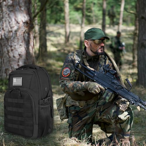 30L Military Tactical Backpack Small Army Molle Assault Bag 3 Day Daypack for Men Hiking Camping Work, Balck Tactical Backpack with Water Pouches - color: Black Bookbag
