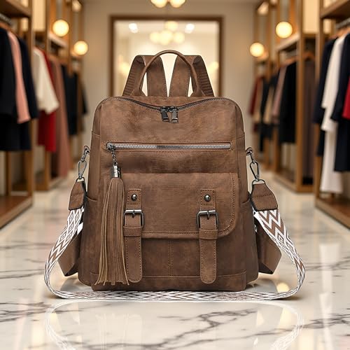 Fashion PU Leather Backpack Purse for Women Travel Backpack Bag with Tassel Ladies Shoulder Handbags Casual Daypack - color: Brown