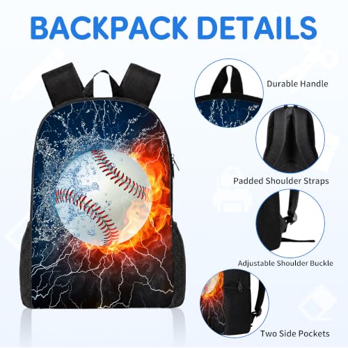 3PCS Baseball Backpacks for Boys Girls Teens, School Backpack with Lunch Box Pencil Case for Elementary Middle High Students, 17 Inch Lightweight Bookpack 3 in 1 Set Back to Shool Supplies for Kids - color: Water Fire Baseball S01