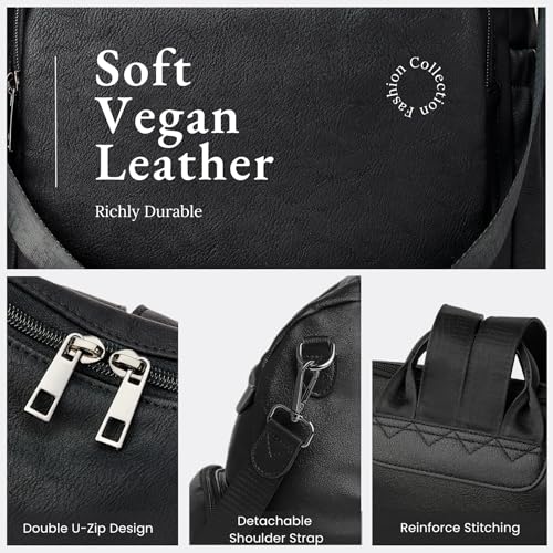 Anti-Theft Backpack Purse for Women, Convertible 3-in-1 Vegan Leather Backpack with Hidden Zipper, Adjustable Shoulder & Crossbody Bag for Travel and Daily Commute - color: A Black