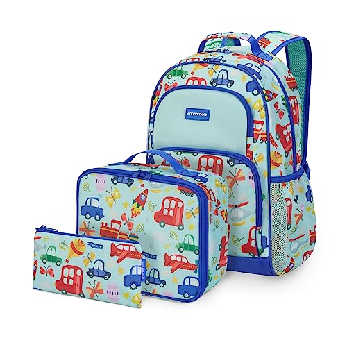 mommore Kids Backpack for Boys Girls 4-8 Kindergarten Elementary School Backpack with Lunch Box - 15” H Fit Folder - color: Light Blue-car, style: 3 Pcs