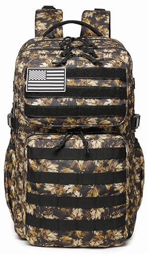 Wotony Military Tactical Backpack for Men Waterproof Daypack 3 Day Assault Pack Molle Bag with Water Bottle Holder - color: Yellow Maple Leaves, size: 35L