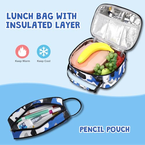 ACESAK Camo Backpack for Boys, Tactical Kids Backpack Boys, School Bags for Boy Children Teens Kids Elementary Middle High School, Military Bookbag and Lunch Bag Pencil Case Set with USB Charging Port - color: Blue White