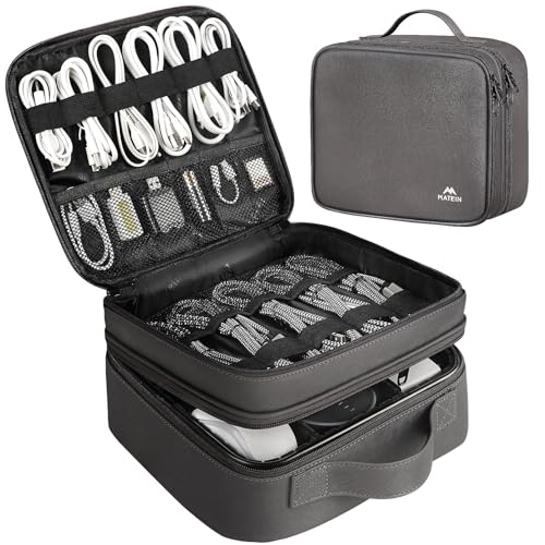MATEIN Cord Organizer Case with Adjustable Divider, DJ Cable File Bag for Electronic Storage, USB Cable, Charger, Tech Accessories, Shockproof Portable Double Layer Cord Bags, Grey - color: Grey, size: Medium