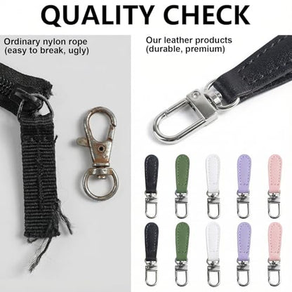 10 Pcs Leather Zipper Pulls Replacement - Detachable Zipper Tab Fixer & Extender for Backpacks, Jackets, Luggage, Purses & Boots - No Tools Needed (Black, White, Green, Pink, Purple)